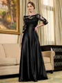 Rhythmic A-line Scoop 3/4 Sleeves Appliques Lace Floor-Length Silk Like Satin Mother of the Bride Dress