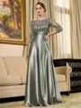 Rhythmic A-line Scoop 3/4 Sleeves Appliques Lace Floor-Length Silk Like Satin Mother of the Bride Dress