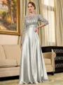 Rhythmic A-line Scoop 3/4 Sleeves Appliques Lace Floor-Length Silk Like Satin Mother of the Bride Dress