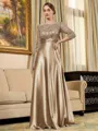 Rhythmic A-line Scoop 3/4 Sleeves Appliques Lace Floor-Length Silk Like Satin Mother of the Bride Dress