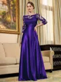 Rhythmic A-line Scoop 3/4 Sleeves Appliques Lace Floor-Length Silk Like Satin Mother of the Bride Dress
