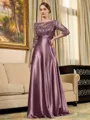 Rhythmic A-line Scoop 3/4 Sleeves Appliques Lace Floor-Length Silk Like Satin Mother of the Bride Dress