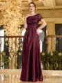 Flattering A-line Scoop Short Sleeves Appliques Lace Floor-Length Silk like Satin Mother of the Bride Dress