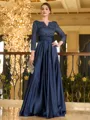 Charming A-line V-Neck 3/4 Sleeves Appliques Lace Floor-Length Silk like Satin Mother of the Bride Dress
