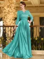 Charming A-line V-Neck 3/4 Sleeves Appliques Lace Floor-Length Silk like Satin Mother of the Bride Dress