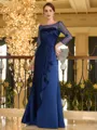 Glamorous Sheath Scoop Long Sleeves Pleated Floor-Length Satin Mother of the Bride Dress