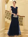 Splendiferous Sheath/Column Tulle Applique V-Neck Short Sleeves Floor-Length Mother of the Bride Dresses