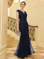 Splendiferous Sheath/Column Tulle Applique V-Neck Short Sleeves Floor-Length Mother of the Bride Dresses
