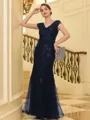 Splendiferous Sheath/Column Tulle Applique V-Neck Short Sleeves Floor-Length Mother of the Bride Dresses