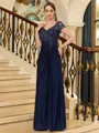 Stunning Sheath V-Neck Short Sleeves Appliques Lace Floor-Length Jersey Mother of the Bride Dress