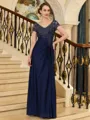 Stunning Sheath V-Neck Short Sleeves Appliques Lace Floor-Length Jersey Mother of the Bride Dress