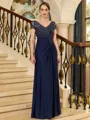 Stunning Sheath V-Neck Short Sleeves Appliques Lace Floor-Length Jersey Mother of the Bride Dress
