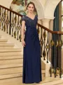 Stunning Sheath V-Neck Short Sleeves Appliques Lace Floor-Length Jersey Mother of the Bride Dress