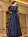 Sophisticated A-line Scoop 3/4 Sleeves Appliques Lace Floor-Length Satin Mother of the Bride Dress