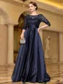 Sophisticated A-line Scoop 3/4 Sleeves Appliques Lace Floor-Length Satin Mother of the Bride Dress
