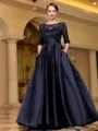 Sophisticated A-line Scoop 3/4 Sleeves Appliques Lace Floor-Length Satin Mother of the Bride Dress
