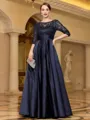 Sophisticated A-line Scoop 3/4 Sleeves Appliques Lace Floor-Length Satin Mother of the Bride Dress