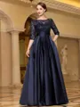Sophisticated A-line Scoop 3/4 Sleeves Appliques Lace Floor-Length Satin Mother of the Bride Dress