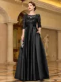 Sophisticated A-line Scoop 3/4 Sleeves Appliques Lace Floor-Length Satin Mother of the Bride Dress