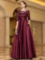 Sophisticated A-line Scoop 3/4 Sleeves Appliques Lace Floor-Length Satin Mother of the Bride Dress