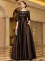 Sophisticated A-line Scoop 3/4 Sleeves Appliques Lace Floor-Length Satin Mother of the Bride Dress