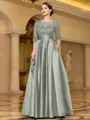 Sophisticated A-line Scoop 3/4 Sleeves Appliques Lace Floor-Length Satin Mother of the Bride Dress