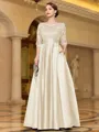 Sophisticated A-line Scoop 3/4 Sleeves Appliques Lace Floor-Length Satin Mother of the Bride Dress
