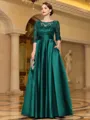 Sophisticated A-line Scoop 3/4 Sleeves Appliques Lace Floor-Length Satin Mother of the Bride Dress