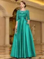 Sophisticated A-line Scoop 3/4 Sleeves Appliques Lace Floor-Length Satin Mother of the Bride Dress