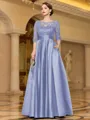 Sophisticated A-line Scoop 3/4 Sleeves Appliques Lace Floor-Length Satin Mother of the Bride Dress