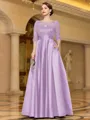 Sophisticated A-line Scoop 3/4 Sleeves Appliques Lace Floor-Length Satin Mother of the Bride Dress