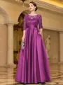 Sophisticated A-line Scoop 3/4 Sleeves Appliques Lace Floor-Length Satin Mother of the Bride Dress