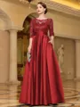 Sophisticated A-line Scoop 3/4 Sleeves Appliques Lace Floor-Length Satin Mother of the Bride Dress