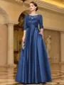 Sophisticated A-line Scoop 3/4 Sleeves Appliques Lace Floor-Length Satin Mother of the Bride Dress