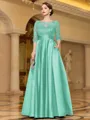 Sophisticated A-line Scoop 3/4 Sleeves Appliques Lace Floor-Length Satin Mother of the Bride Dress