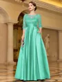 Sophisticated A-line Scoop 3/4 Sleeves Appliques Lace Floor-Length Satin Mother of the Bride Dress