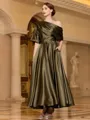 Radiant A-line Short Sleeves Pleated Ankle-Length Silk like Satin Mother of the Bride Dress