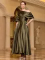 Radiant A-line Short Sleeves Pleated Ankle-Length Silk like Satin Mother of the Bride Dress