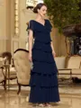 Flattering Sheath V-Neck Short Sleeves Cascading Ruffles Ankle-Length Chiffon Mother of the Bride Dress