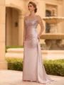 Sophisticated Sheath Scoop Long Sleeves Sequin Floor-Length Silk Like Satin Mother of the Bride Dress