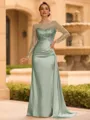 Sophisticated Sheath Scoop Long Sleeves Sequin Floor-Length Silk Like Satin Mother of the Bride Dress