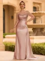 Sophisticated Sheath Scoop Long Sleeves Sequin Floor-Length Silk Like Satin Mother of the Bride Dress