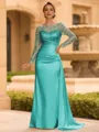 Sophisticated Sheath Scoop Long Sleeves Sequin Floor-Length Silk Like Satin Mother of the Bride Dress