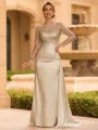 Sophisticated Sheath Scoop Long Sleeves Sequin Floor-Length Silk Like Satin Mother of the Bride Dress