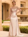 Sophisticated Sheath Scoop Long Sleeves Sequin Floor-Length Silk Like Satin Mother of the Bride Dress