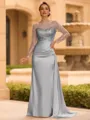 Sophisticated Sheath Scoop Long Sleeves Sequin Floor-Length Silk Like Satin Mother of the Bride Dress
