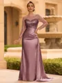 Sophisticated Sheath Scoop Long Sleeves Sequin Floor-Length Silk Like Satin Mother of the Bride Dress