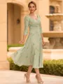 Stylish A-line V-Neck 3/4 Sleeves Pleated Tea-Length Mother of the Bride Dress