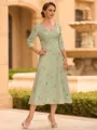 Stylish A-line V-Neck 3/4 Sleeves Pleated Tea-Length Mother of the Bride Dress