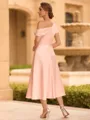 Classy A-line One-Shoulder Short Sleeves Pleated Tea-Length Charmeuse Mother of the Bride Dress